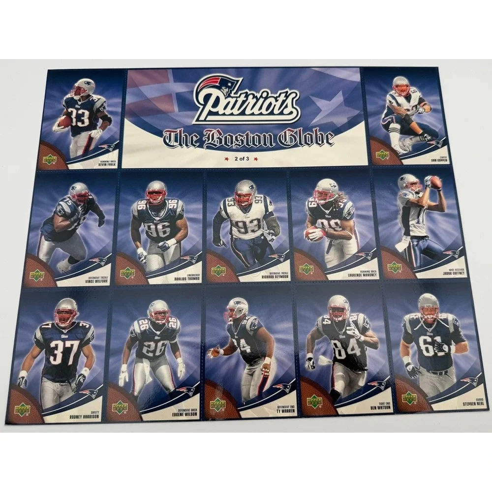 2007 Upper Deck New England Patriots Boston Globe Complete 3 Sheet Set Tom Brady